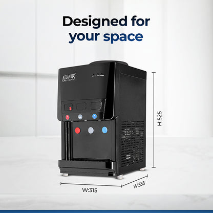 ATLANTIS BLAQUE | Smart Push Buttons | Hot, Normal & Cold Water | Table Top Water Dispenser | 1 Year Warranty | Child Safety Lock | Top Loading