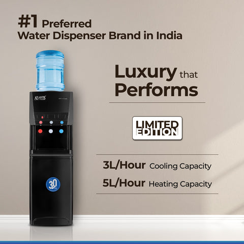 ATLANTIS BLAQUE | Smart Push Buttons | Hot, Normal & Cold Water | 3L/hour Cooling Capacity | 1 Year Warranty | Child Safety Lock | Top Loading