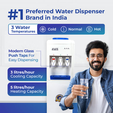 ATLANTIS SKY | Smart Glass Push-Pull Taps | Floor Standing Water Dispenser with Hot, Normal & Cold Water | 1 Year Warranty | 3L/hour Cooling Capacity