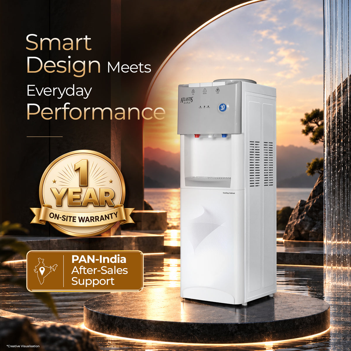 ATLANTIS AURA High-Performance Water Dispenser | Hot, Cold & Normal Water | 18L Integrated Cooling Cabinet | Top Load | 2.5L/hr Cooling | 5L/hr Heating | Child Safety Lock | 1-Year Warranty