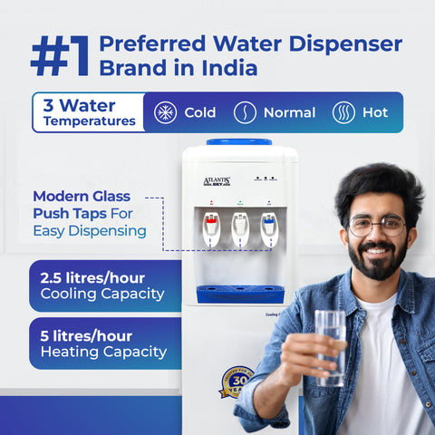 ATLANTIS SKY | Smart Glass Push-Pull Taps | 18L Cooling Cabinet | 1 Year Warranty | 3 Taps for Hot, Normal & Cold Water | 2.5L/Hour Cooling Capacity