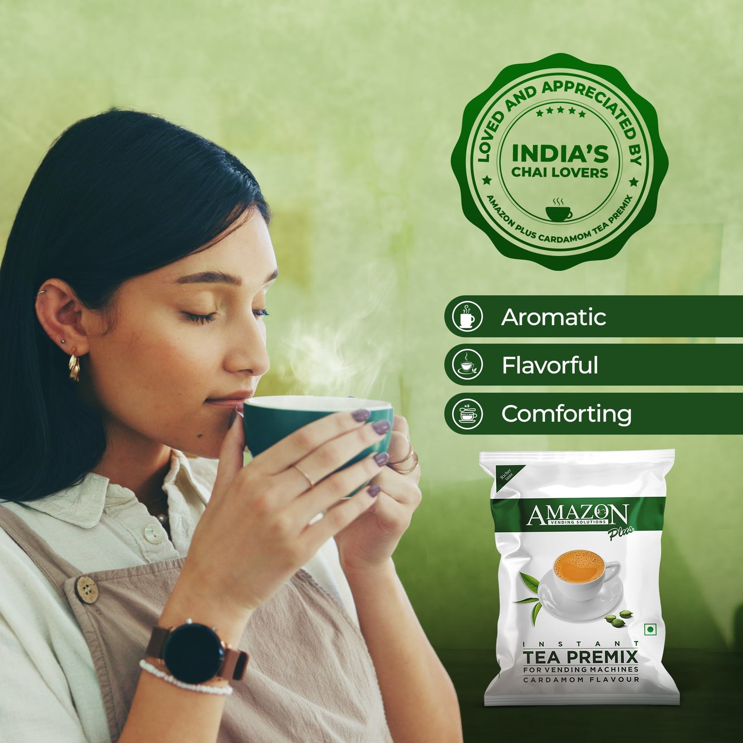 AMAZON Plus 3-in-1 Cardamom Tea Premix – Bold Elaichi Flavour | For Vending Machines | Just Add Hot Water – No Milk or Sugar Needed