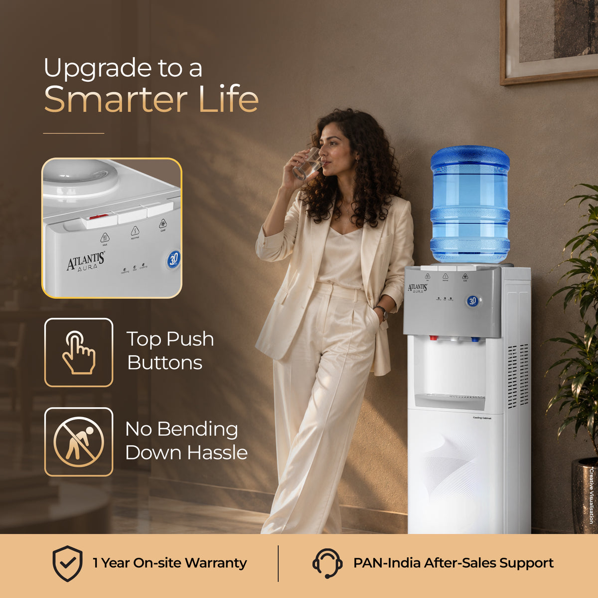 ATLANTIS AURA High-Performance Water Dispenser | Hot, Cold & Normal Water | 18L Integrated Cooling Cabinet | Top Load | 2.5L/hr Cooling | 5L/hr Heating | Child Safety Lock | 1-Year Warranty