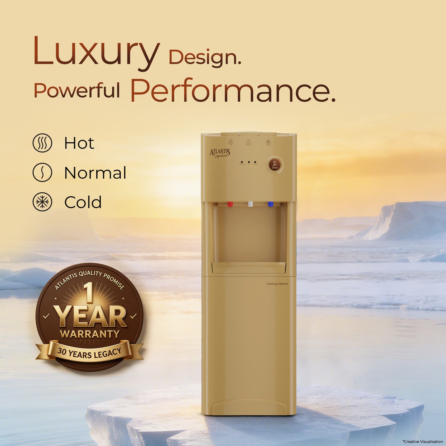Atlantis Signature Designer Water Dispenser | 18L Cooling Cabinet | Hot, Normal & Cold | Luxury Art Finish | Top Push Buttons | Child Safety Lock | Silent Operation | BIS Certified | Office & Home