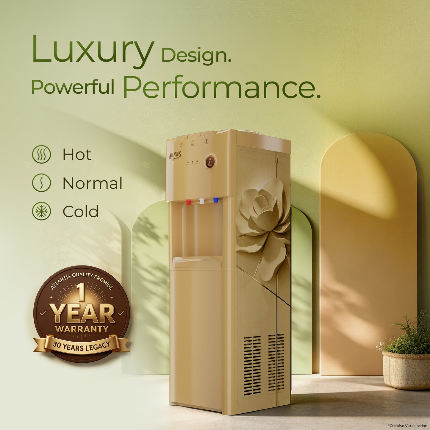 Atlantis Signature Floor Standing Water Dispenser | Designer Series | Hot, Normal & Cold | Luxury Art Finish | Top Push Buttons | Child Safety Lock | Silent Operation | BIS Certified | Office & Home