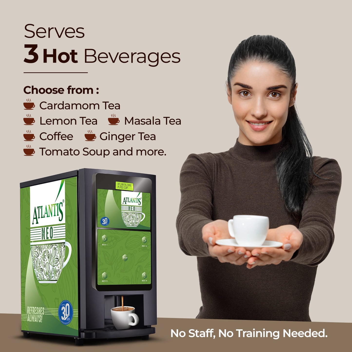 ATLANTIS NEO 3-Lane Tea and Coffee Vending Machine - Dedicated Hot Water