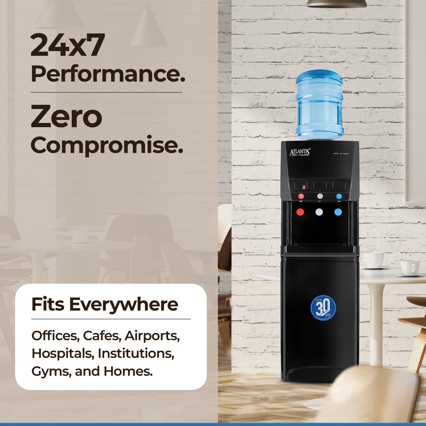ATLANTIS BLAQUE | Smart Push Buttons | Hot, Normal & Cold Water | 3L/hour Cooling Capacity | 1 Year Warranty | Child Safety Lock | Top Loading