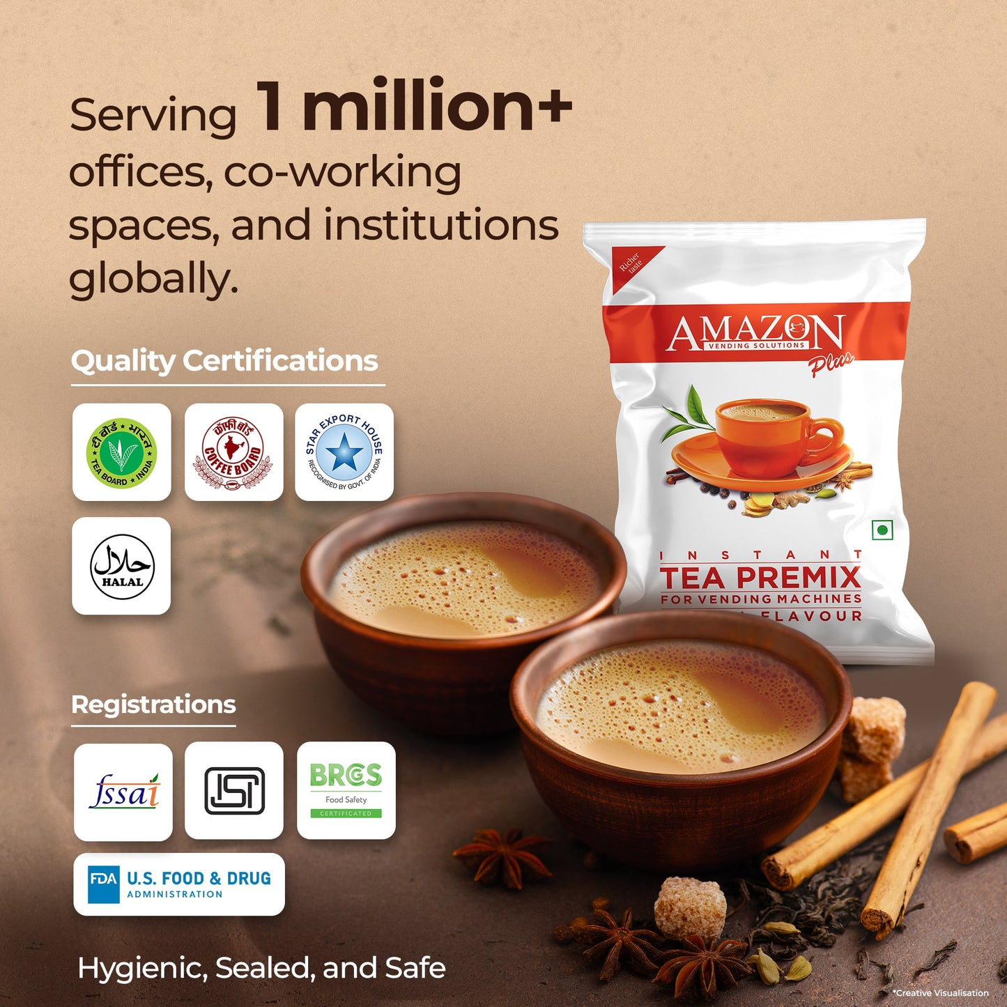 AMAZON Plus Masala 3-in-1 Tea Premix Powder 1KG for Vending Machine | No Milk, Sugar Required