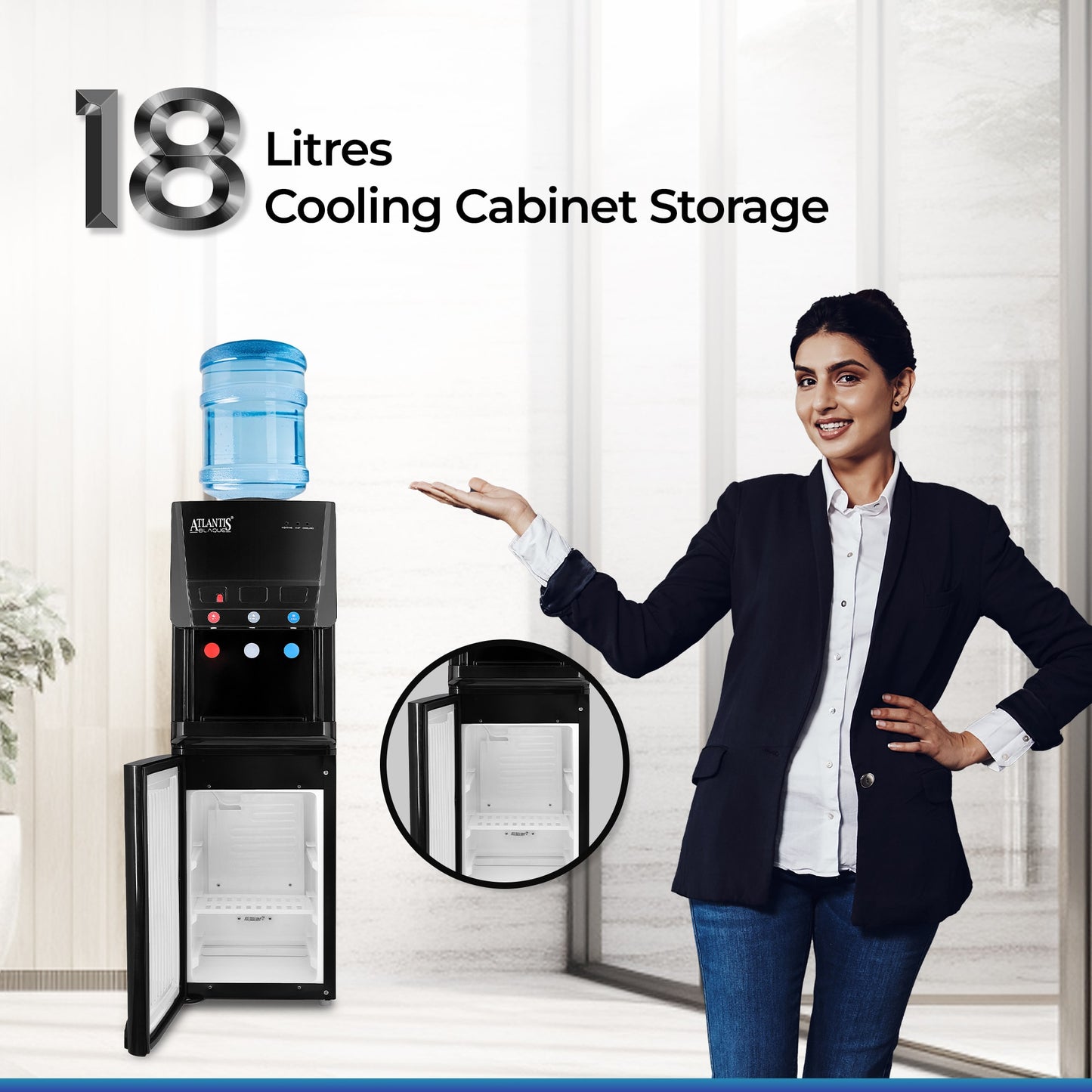 ATLANTIS BLAQUE | 18L Cooling Cabinet | Smart Push Buttons | Hot, Normal & Cold Water | 2.5L/hour Cooling Capacity | 1 Year Warranty | Top Loading