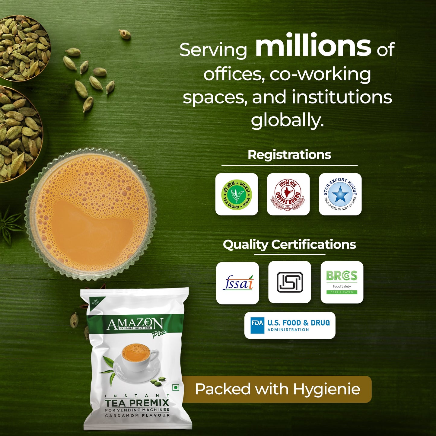 AMAZON Plus 3-in-1 Cardamom Tea Premix – Bold Elaichi Flavour | For Vending Machines | Just Add Hot Water – No Milk or Sugar Needed