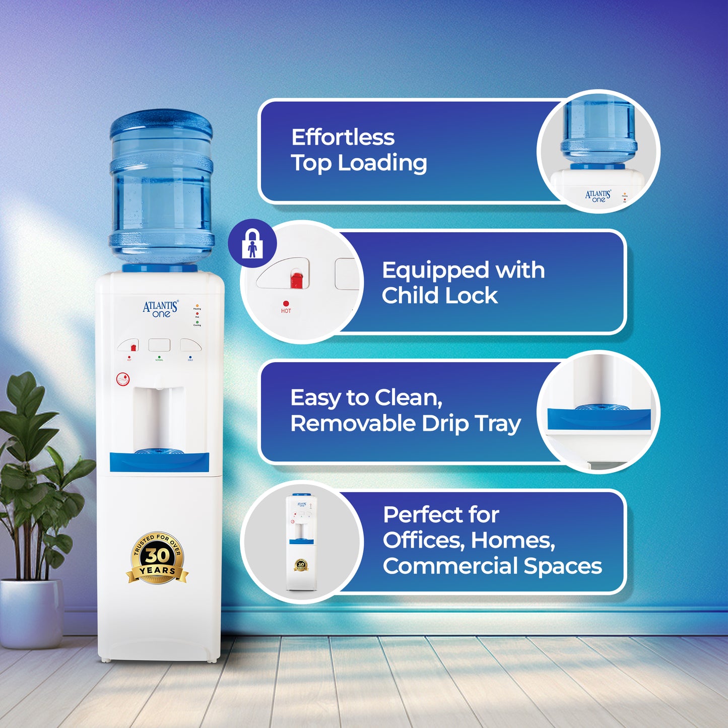 ATLANTIS ONE | Unique Single Outlet Design | Smart Push Buttons | Hot, Normal & Cold Water | 3L/Hour Cooling Capacity | 1 Year Warranty | Child Lock