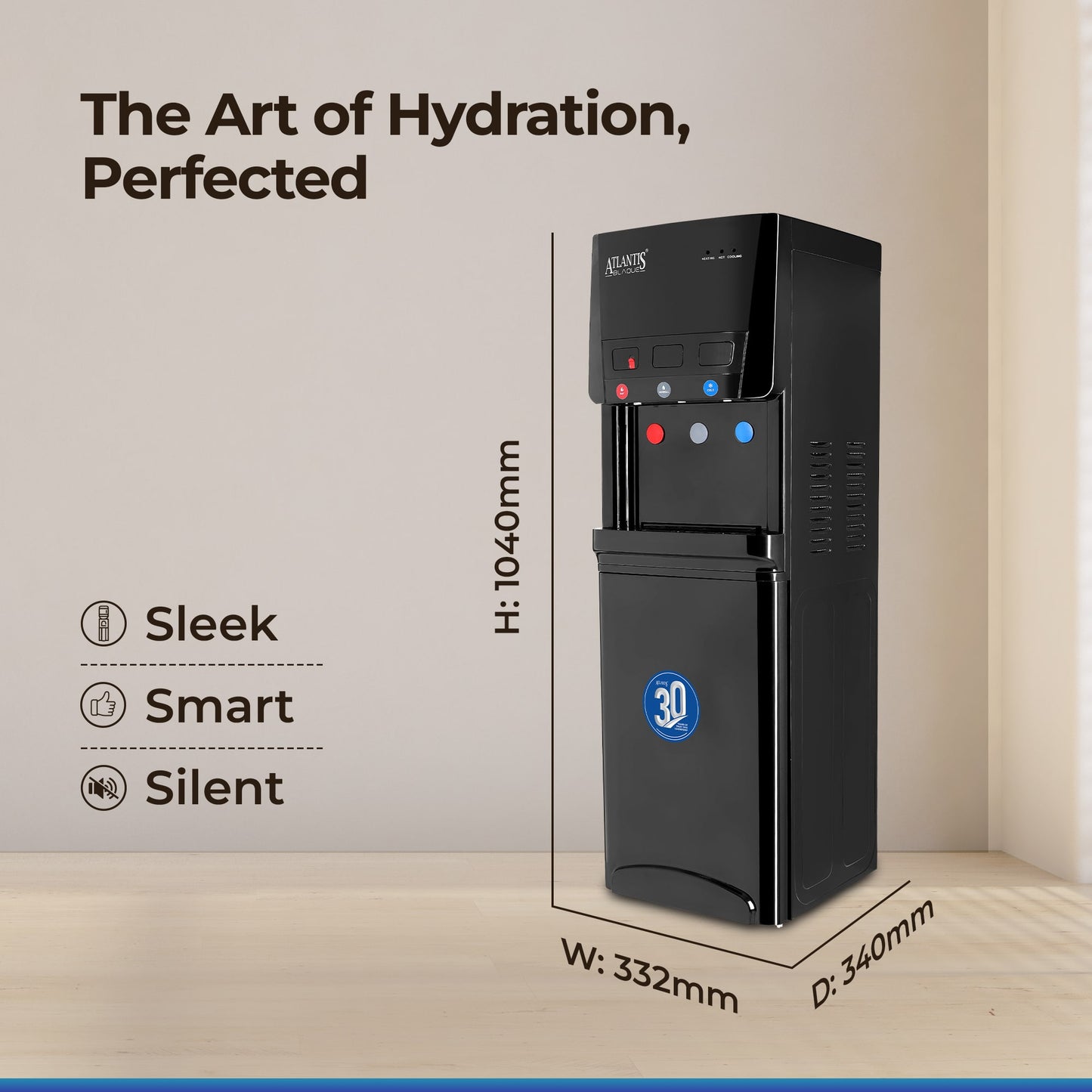 ATLANTIS BLAQUE | Smart Push Buttons | Hot, Normal & Cold Water | 3L/hour Cooling Capacity | 1 Year Warranty | Child Safety Lock | Top Loading