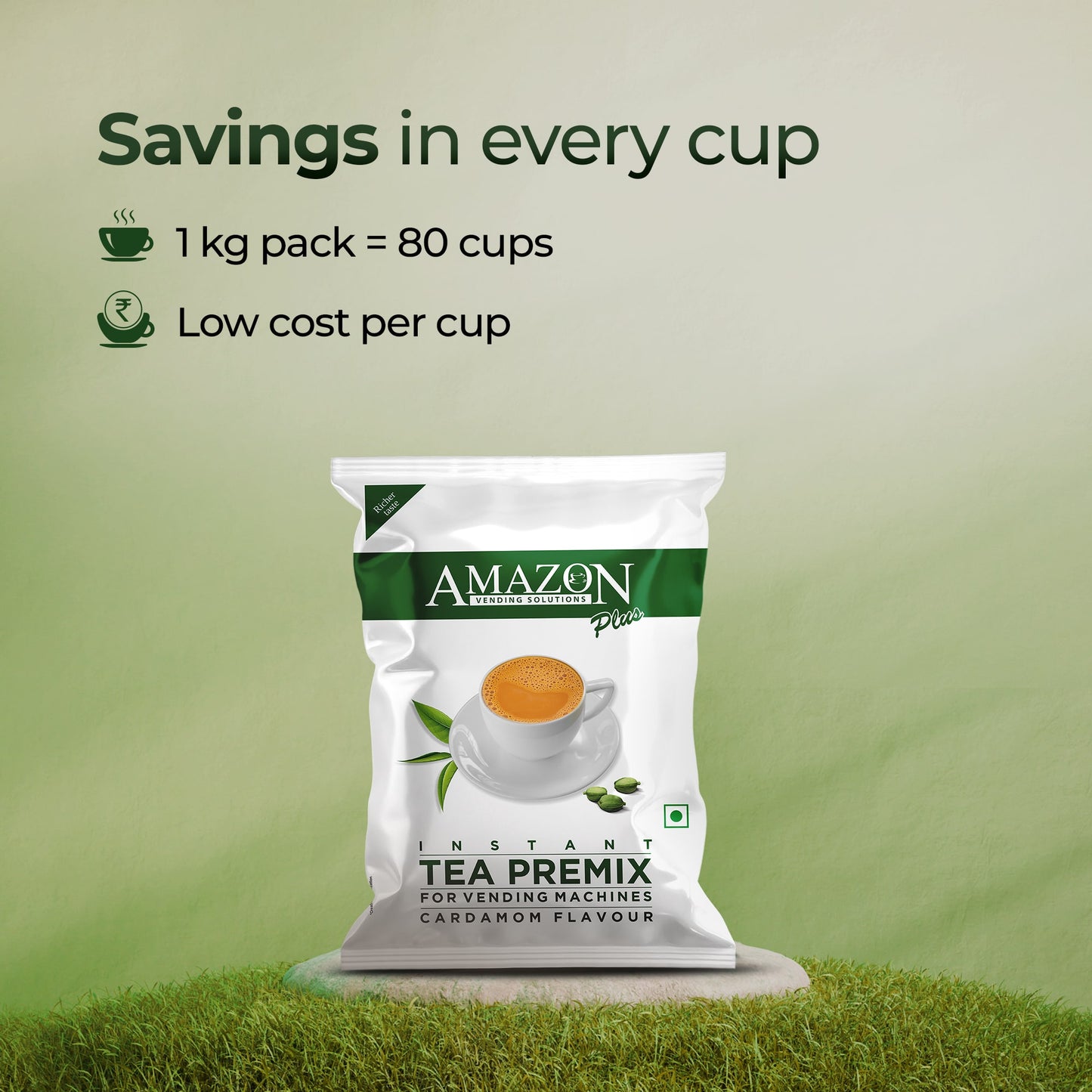 AMAZON Plus 3-in-1 Cardamom Tea Premix – Bold Elaichi Flavour | For Vending Machines | Just Add Hot Water – No Milk or Sugar Needed