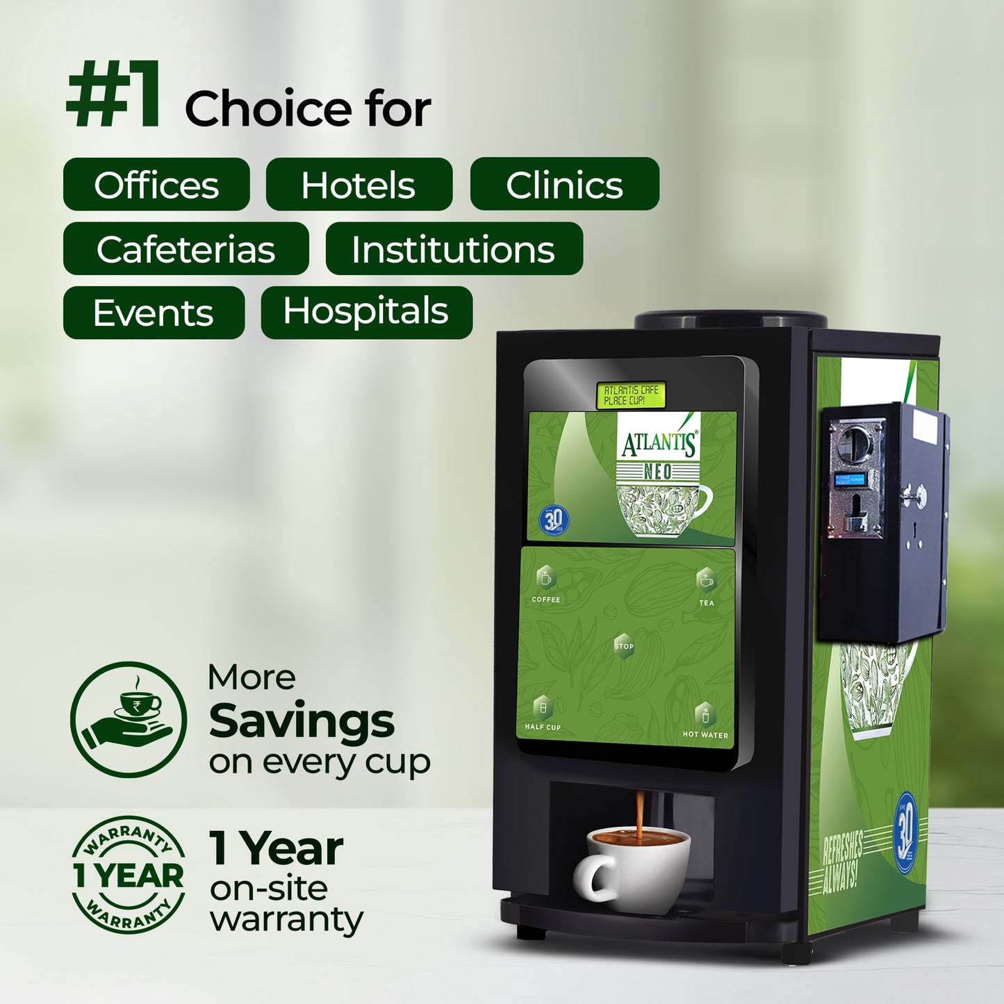 ATLANTIS NEO COIN OPERATED 2-Lane Tea and Coffee Vending Machine- Dedicated Hot Water