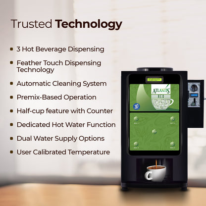 ATLANTIS NEO COIN OPERATED 3-Lane Tea and Coffee Vending Machine – Dedicated Hot Water