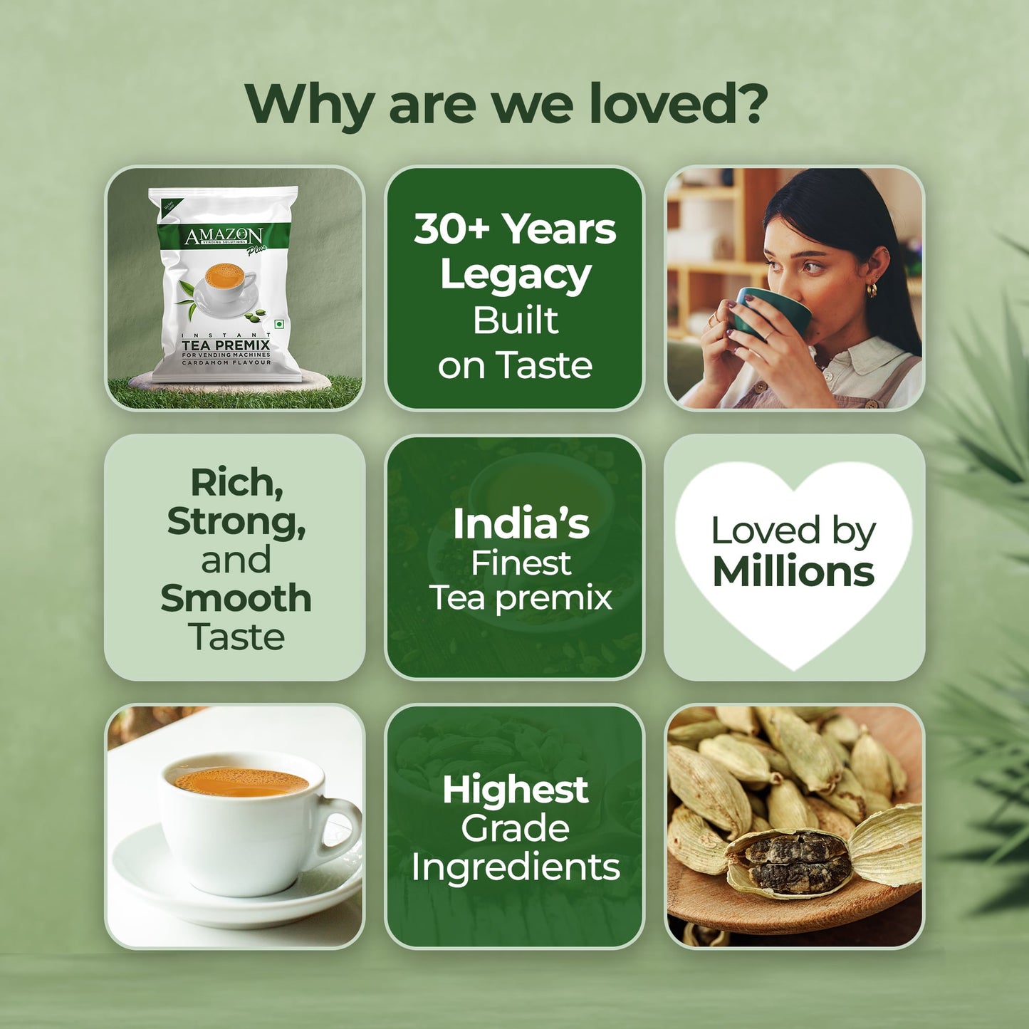 AMAZON Plus 3-in-1 Cardamom Tea Premix – Bold Elaichi Flavour | For Vending Machines | Just Add Hot Water – No Milk or Sugar Needed
