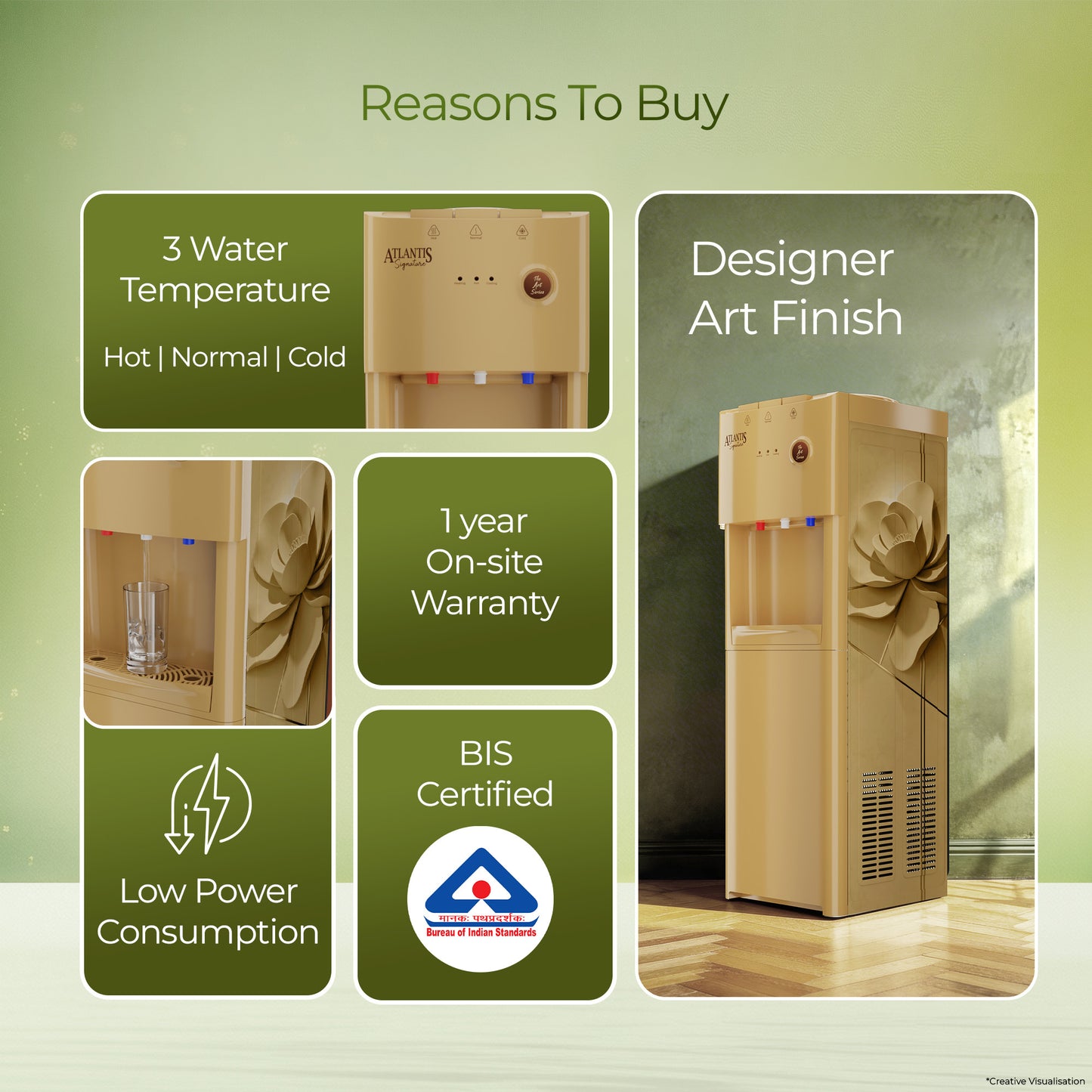 Atlantis Signature Floor Standing Water Dispenser | Designer Series | Hot, Normal & Cold | Luxury Art Finish | Top Push Buttons | Child Safety Lock | Silent Operation | BIS Certified | Office & Home