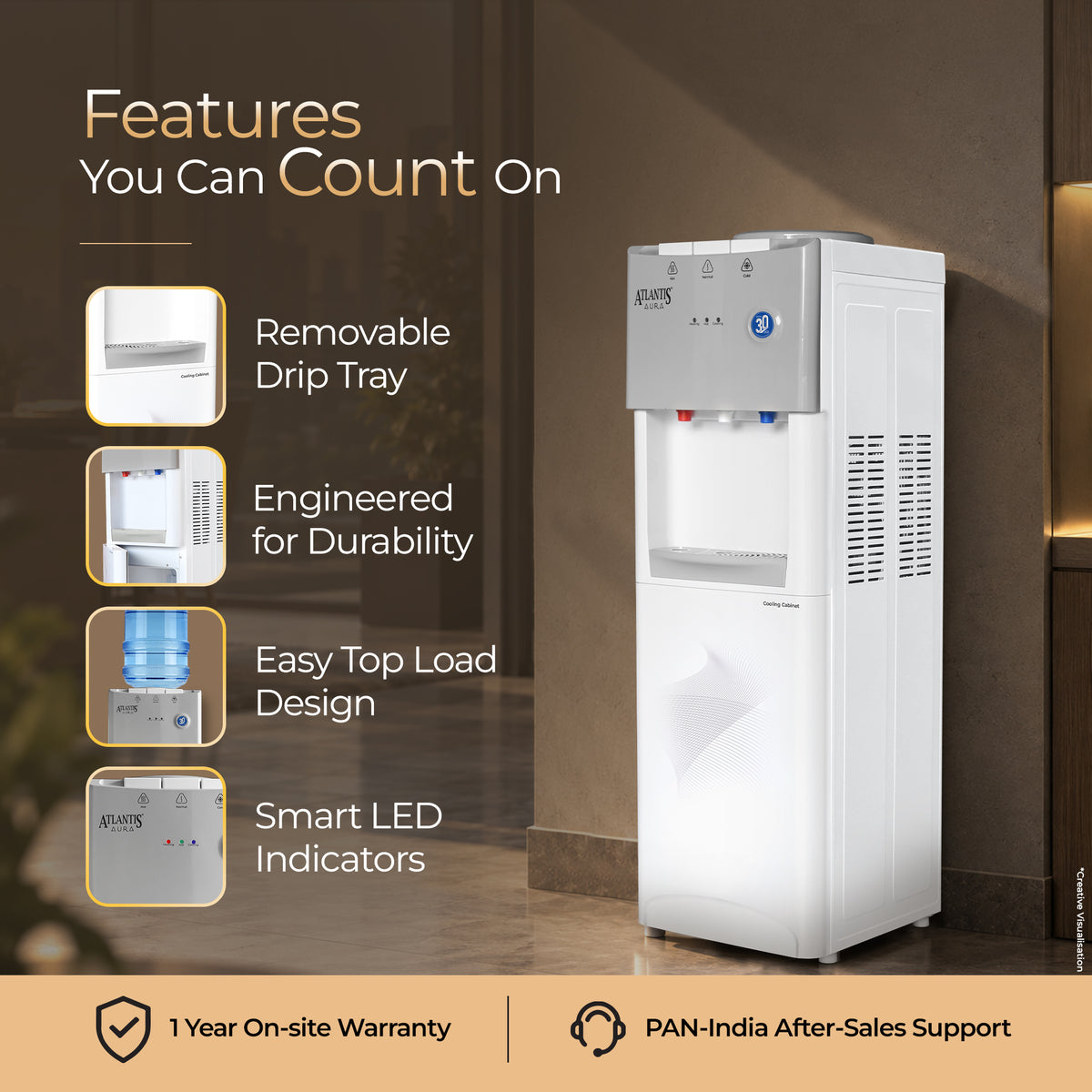 ATLANTIS AURA High-Performance Water Dispenser | Hot, Cold & Normal Water | 18L Integrated Cooling Cabinet | Top Load | 2.5L/hr Cooling | 5L/hr Heating | Child Safety Lock | 1-Year Warranty