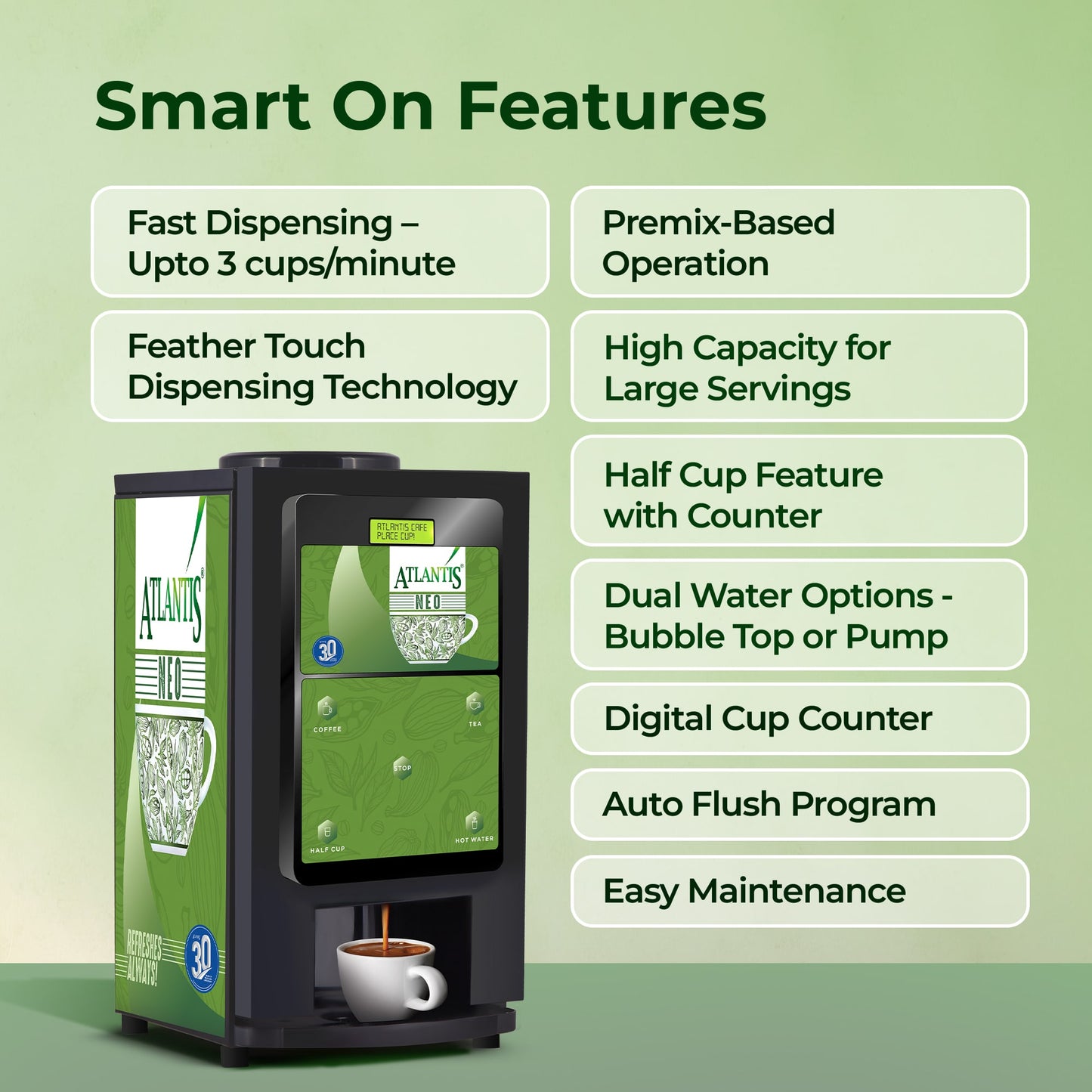 ATLANTIS NEO COIN OPERATED 2-Lane Tea and Coffee Vending Machine- Dedicated Hot Water