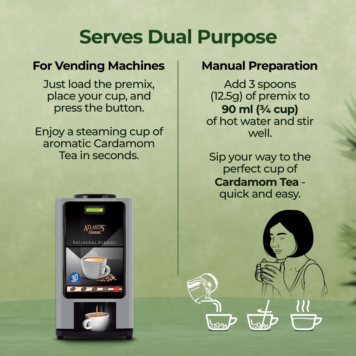AMAZON Plus 3-in-1 Cardamom Tea Premix – Bold Elaichi Flavour | For Vending Machines | Just Add Hot Water – No Milk or Sugar Needed