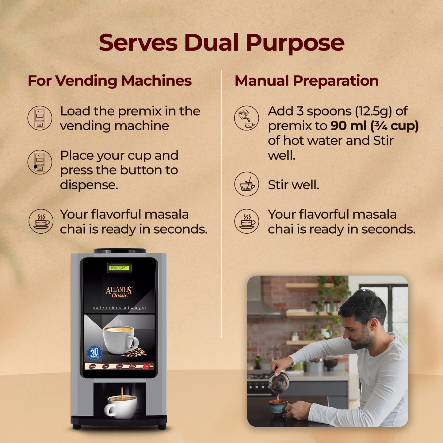 AMAZON Plus Masala 3-in-1 Tea Premix Powder 1KG for Vending Machine | No Milk, Sugar Required