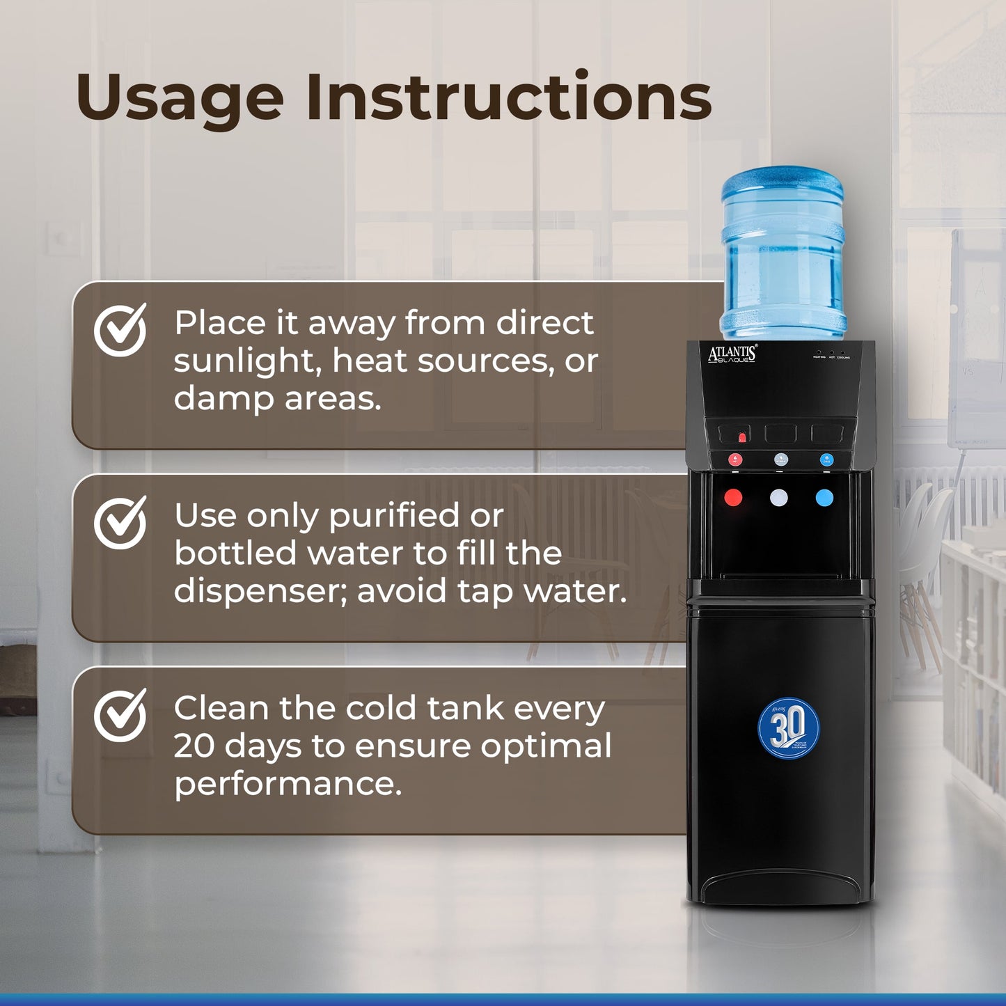 ATLANTIS BLAQUE | Smart Push Buttons | Hot, Normal & Cold Water | 3L/hour Cooling Capacity | 1 Year Warranty | Child Safety Lock | Top Loading