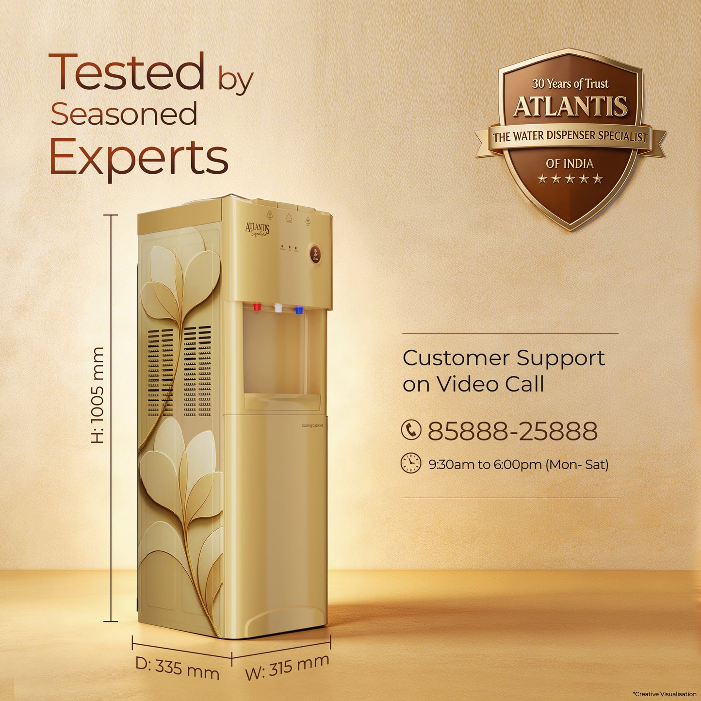 Atlantis Signature Designer Water Dispenser | 18L Cooling Cabinet | Hot, Normal & Cold | Luxury Art Finish | Top Push Buttons | Child Safety Lock | Silent Operation | BIS Certified | Office & Home