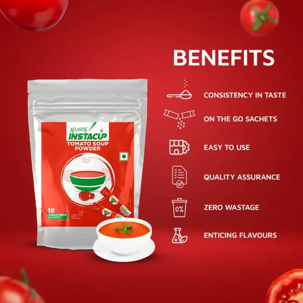 ATLANTIS INSTACUP Tomato Single Serve Sachets Soup Premix | 18 Sachets X 20 Grams Pouch | Travel-Friendly Zipper Lock Pack | Just Add Hot Water & Stir