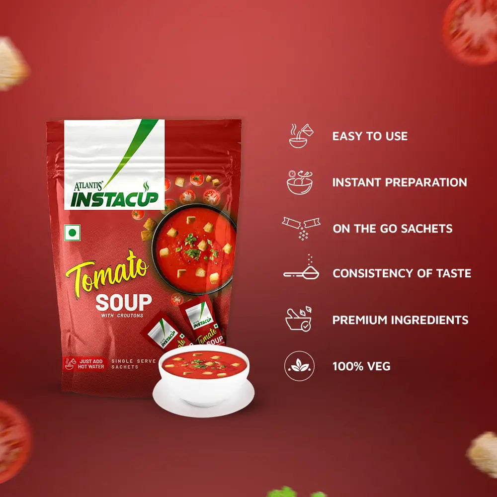 ATLANTIS INSTACUP Croutons Tomato Single Serve Sachets Soup Pack | 18 Sachets X 20 Grams Pack | Travel-Friendly Zipper Lock Pack | Just Add Hot Water & Stir