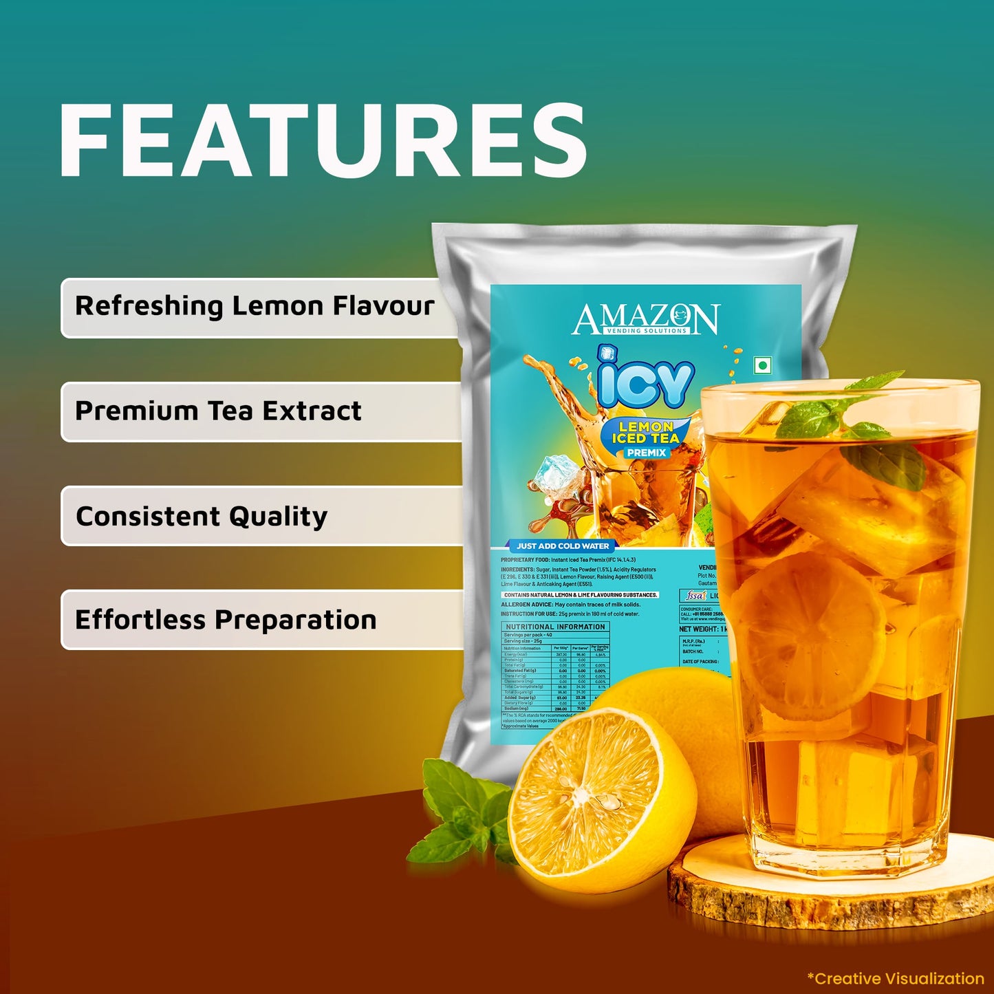 AMAZON Icy Lemon Flavoured Iced Tea Premix | 1kg |  Just Add Cold Water | Uses In Cold Beverage Vending Machine