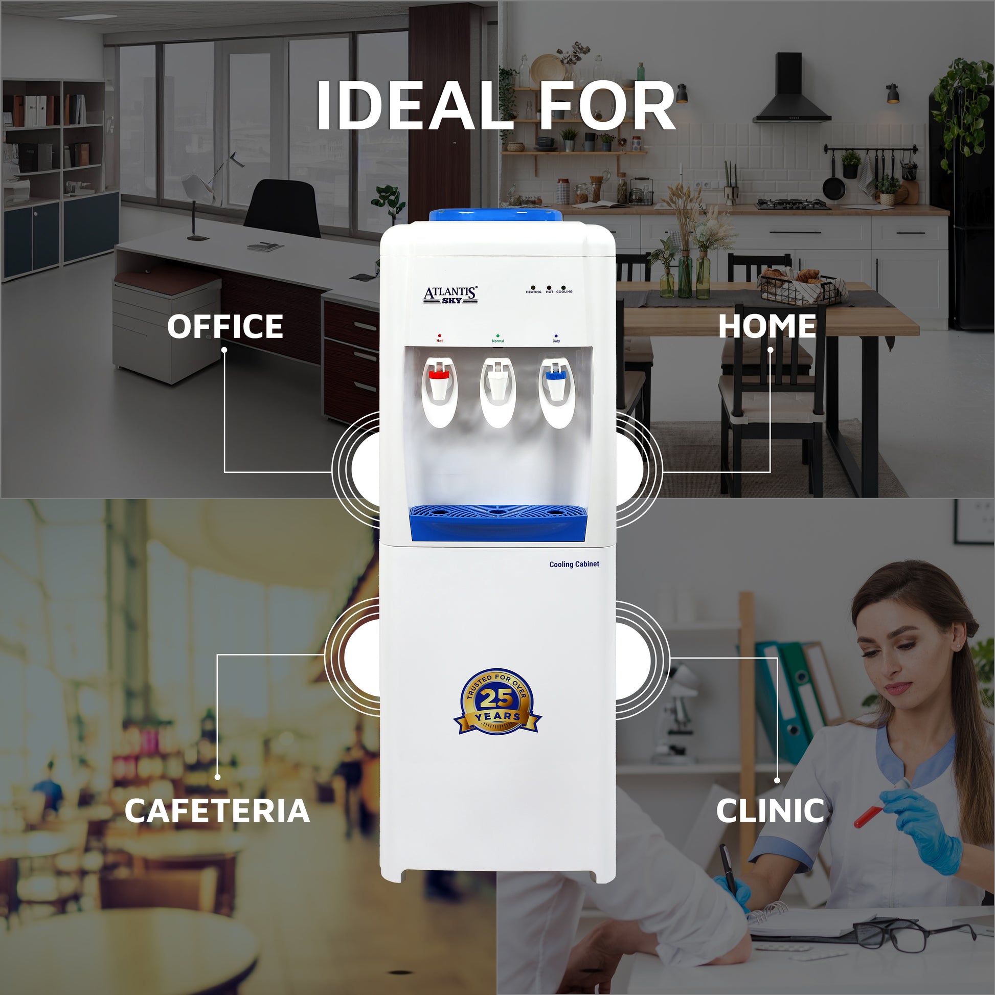 ATLANTIS SKY (Hot, Normal & Cold) Floor Standing Water Dispenser | Cooling Cabinet-3 Taps