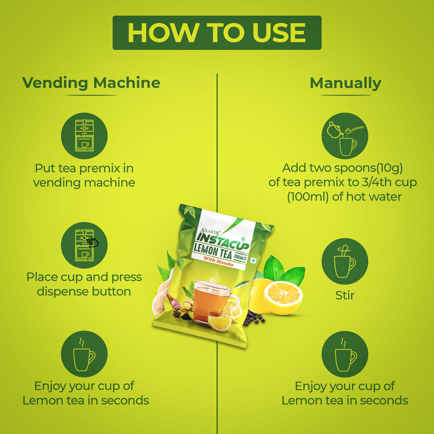 Atlantis Lemon Masala Tea Premix – Tangy & Spicy Blend for Vending Machines | Just Add Hot Water for Instant Refreshment