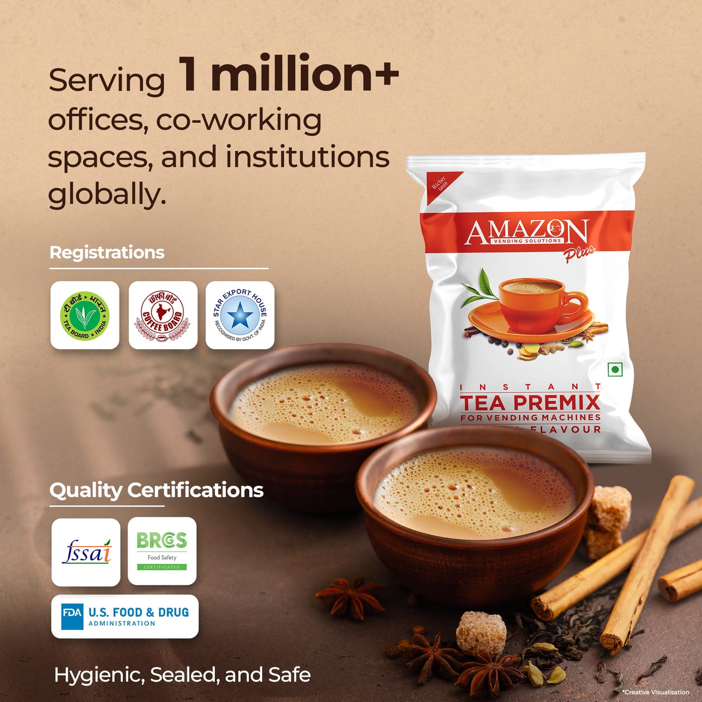 AMAZON Plus Masala 3-in-1 Tea Premix Powder 1KG for Vending Machine | No Milk, Sugar Required