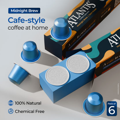 Atlantis Midnight Brew Coffee Capsules | Nespresso® Compatible | Dark Roast | Intensity 10 | Profile Roasted | No Artificial Flavours | Cafe-Style Precision | Pack of 6