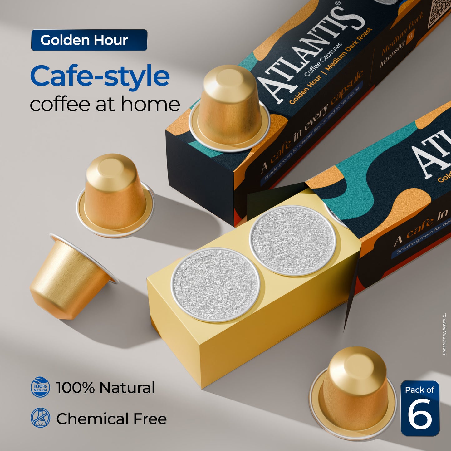Atlantis Golden Hour Coffee Capsules | Nespresso® Compatible | Profile Roasted | No Artificial Flavours | Medium Dark Roast | Intensity 9 | Cafe-Style Precision | Pack of 6
