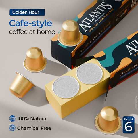 Atlantis Golden Hour Coffee Capsules | Nespresso® Compatible | Profile Roasted | No Artificial Flavours | Medium Dark Roast | Intensity 9 | Cafe-Style Precision | Pack of 6