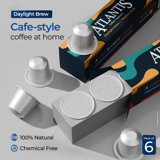 Atlantis Daylight Brew Coffee Capsules | Nespresso® Compatible | Profile Roasted | No Artificial Flavours | Medium Dark Roast | Intensity 8 | Cafe-Style Precision | Pack of 6