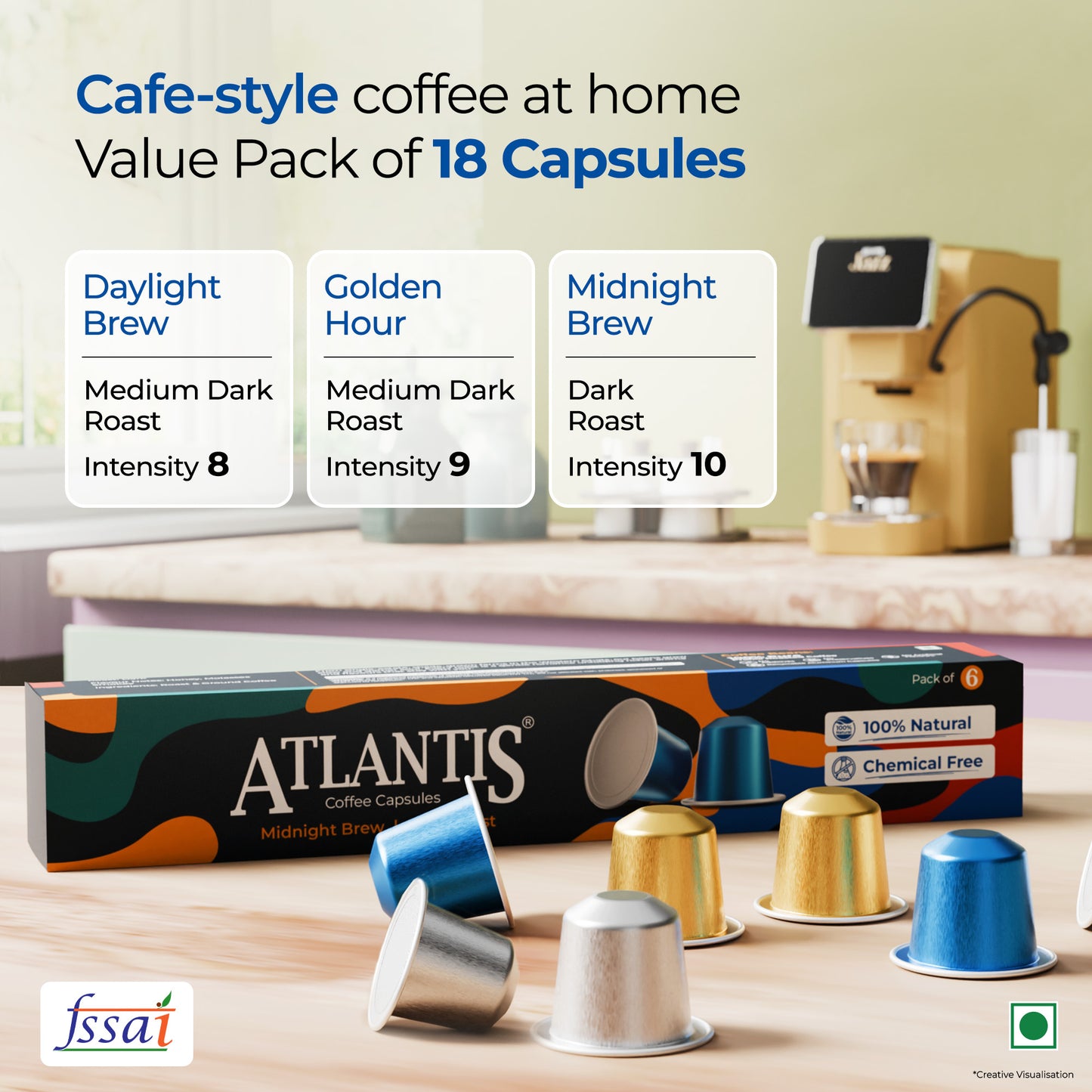 Atlantis Jazz Coffee Capsule Machine | With 18 Assorted Coffee Capsules In 3 Blends | Integrated Milk Dispensing | One-Touch Cappuccino, Latte, Espresso & Americano | Nespresso® Original Line Compatible