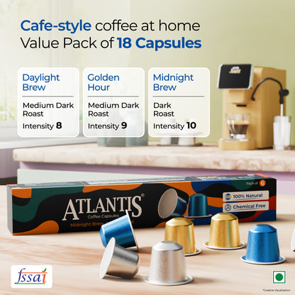 Atlantis Jazz Coffee Capsule Machine | With 18 Assorted Coffee Capsules In 3 Blends | Integrated Milk Dispensing | One-Touch Cappuccino, Latte, Espresso & Americano | Nespresso® Original Line Compatible